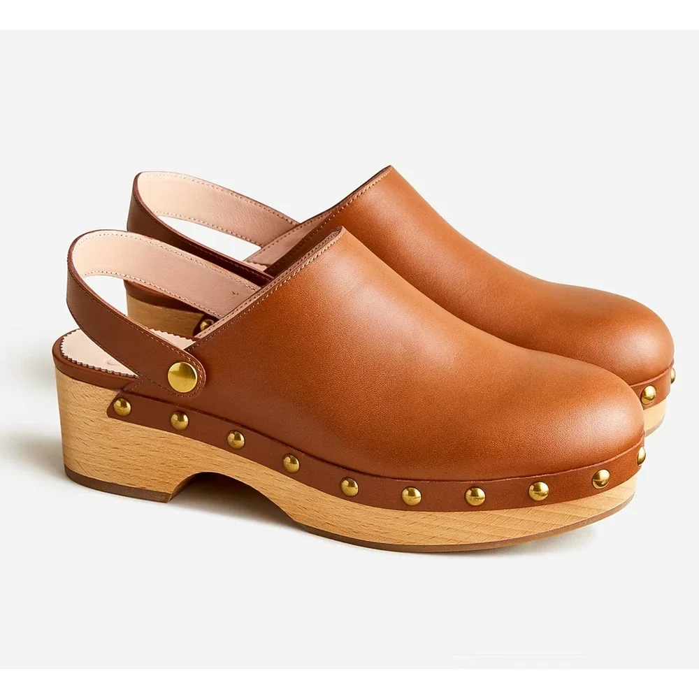 J. Crew Convertible Leather Clogs Brown Studded Wood Sole Slingback Size 6.5 US